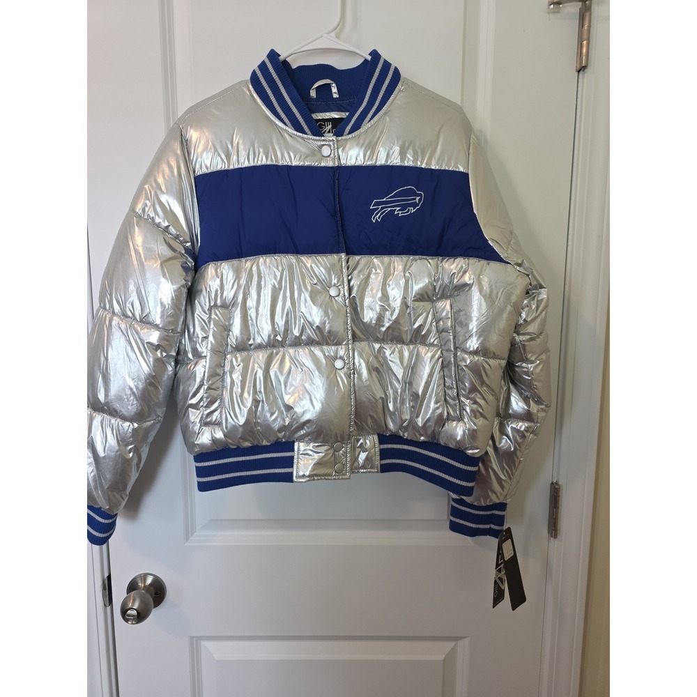 G-III 4Her Buffalo Bills Metallic Silver Puffer Jacket NFL Varsity Large NEW